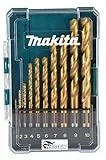 Makita D-72849 HSS-TiN Metallbohrer 10-teilig in Aufbewahrungsbox, Ø 1-10 mm, Titan-Nitrid beschichtet, DIN338, 135° geschliffene Spitze, Rundschaft