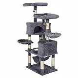 Wiltec Kratzbaum Hellgrau mit Pfotenmotiv 145 cm, Katzenkratzbaum mit Plattformen und Katzenhäuser, Katzenbaum mit Hängematte, Kletterbaum für Katzen