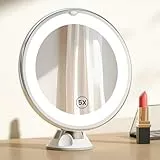 EMKE Tischspiegel mit Beleuchtung mit 5 Fach Vergrößerungsspiegel, LED Schminkspiegel 360° Schwenkbar mit Saugnapf, Schminkspiegel mit Beleuchtung Tragbarer Kosmetikspiegel für unterwegs（Weiß）