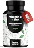 Vitamin C Zink Tabletten hochdosiert – 365 Stück Jahresvorrat – vegan & produziert in Deutschland Laborgeprüft - Verpackung kann variieren