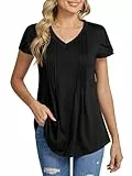 BAISHENGGT Damen T-Shirt V-Ausschnitt Blütenblatt Kurzarm Oberteile Sommer Freizeit Plissiert Tunika Tops Schwarz XXL