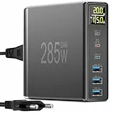 285W USB C Ladegerät Mehrfach, YSYFAD 6-Port USB Ladestation GAN mit LCD Display Schnellladeleistung USBC Ladegerät 100W für MacBook Laptops für i Phone i Pad Watch Samsung, Schwarz