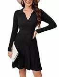 KOJOOIN Damen Strickkleid V Ausschnitt Langarm Pulloverkleid Elegant Tunika Strickpullover Minikleid A-Linie Freizeitkleid Herbst und Winter Schwarz M