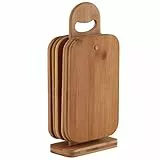 Axentia Schneidebrett-Set 7 teilig - 6 Brettchen aus Bambus-Holz - Brettchenständer mit Frühstücksbrettchen - Holzbrett hohe Schnittfestigkeit & schonend für Messerklinge - Brett für Küche, 22 x 14 x 0,8 cm