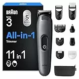 Braun All-in-One Trimmer-Set 3, 11-in-1 Multigroom, Barttrimmer, Nasenhaartrimmer, Haarschneidemaschine für Gesicht und Kopf, 50 Min Akku, 14 Längen (3–21 mm), AIO3565, Grau