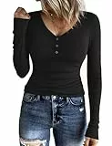 Aottori Damen Langarmshirt V-Ausschnitt mit Knöpfen Stretch Oberteile Gerippt Slim Fit Pullover Baumwolle Elegant Tee Shirts Langarm Casual Basic Tops Schwarz M