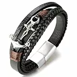 Halukakah ● Segeln ● Herren-Armband Handgefertigt | Echtleder Schwarz | Magnetverschluss Edelstahl in Silber | Wickelarmband 3 Runde | mit Titan Anker | KOSTENLOS Geschenkbox | 21.5cm
