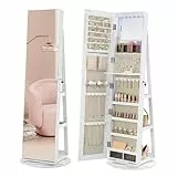 SONGMICS Schmuckschrank, Spiegelschrank, mit rahmenlosem Ganzkörperspiegel, 3 Ablagen, 360° drehbar, abschließbar, Oberfläche in Weiß, Innenfutter in Greige JJC007W02
