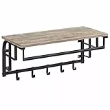 VASAGLE Wandgarderobe mit Ablage, Wandregal, mit 5 abnehmbaren Haken, wandmontiertes Hängeregal mit Hängestange, für Flur, Schlafzimmer und Wohnzimmer, greige-schwarz LCR012B02