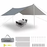 WADEO Camping Zeltplane wasserdicht Anti-UV, 3,6 x 4,8 m Camping Plane mit Stangen+Zeltheringen+Abspannleinen, Camping Tent Tarp Ultraleicht, Ideal für Urlaub Wandern Picknick im Freien - Grau