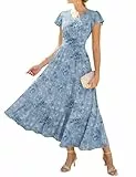 GRACE KARIN Damen Rüschenärmel V-Ausschnitt Midikleid A-Linie Blume Sommerkleid Mit Taschen Blau–Blau Weiß Rose M