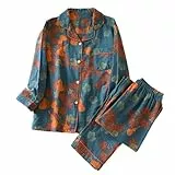 Pyjama-Set, Vintage-Design, Baumwolle, Revers, Ginkgo-Blatt, Revers, Ausschnitt, Knopf, buntes Blumenmuster, 2-teilig, F, L