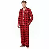 Loveternal Pyjama Herren Lang Zweiteiliger Schlafanzug für Herren Weihnachten Winter Karierte Schlafanzüge Ultraweiche Langarm Oberteil Weich Pyjamahose mit Tasche Männer Pyjama Set Rot L