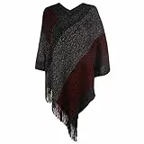 Fomolom Damen eleganter strickschal poncho mit fransen mit v-ausschnitt gestreiften pullover pullover cape geschenke einheitsgröße 1-rot