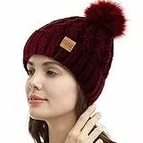 REDESS Damen Winter Pompom Beanie Mütze Fleece gefütterte warme Mützen, Dicke, lässige Schneestrickmütze für Damen