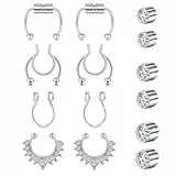 WillTen 8 Stück Fake Septum Nasenring zum Aufstecken, ohne Nasenpiercing mit 6 Stück Fake Nasensteckern silberne Fake Lippen Ohr Septum Ringe Creolen Ohrstecker ohne Piercing für Frauen