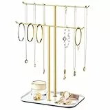 Schmuckständer in Gold, 2-stöckiger Schmuckbaum & Kettenhalter mit Tablett – Kettenständer zur Aufbewahrung von Halsketten, Armbändern, Ohrringen und Ringen, ideal für Schminktisch oder Kommode