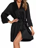 Clearlove Damen Satin Robe Langarm Silk V-Neck Kimono Robe Einfarbig Sexy Nightdress with Belt Spitze Satin Dressing Gown Bathrobe Morgenmantel Sleepwear, Schwarz, XL