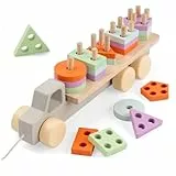 FMSKS Montessori Spielzeug ab 1 Jahr, Holzspielzeug Motorikspielzeug Sortier & Stapelspielzeug Baby ab 12 Monate, Holzauto mit Kordelzug Farbsortierspiel Pädagogische Spielzeug für Kleinkinder
