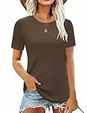 Aottori Damen T-Shirt Kurzarm Gerippt Oberteile Elegant mit Rundhals Basic Tee Shirts Lose Tshirt Stretch Casual Sommer Tops Braun XXL