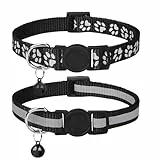 Taglory Reflektierend Katzenhalsband mit Sicherheitsverschluss und Glöckchen, 2-Stück Verstellbar Halsband Katze Kitten, 19-32cm Schwarz