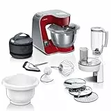 Bosch Küchenmaschine Serie 4, integrierte Waage, Edelstahl-Schüssel 3,9 L, Mixer 1,25 L, Kunststoff-Schüssel, spülmaschinenfest, 3x Rührelemente, Durchlaufschnitzler, 1000 W, Dunkelrot, MUM5X734