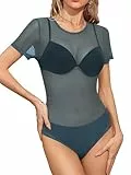 Missufe Damen Netz Figurbetonte Oberteil Bodysuit Mesh Kurzarm Freizeit Leotard Body Tops (Blau, Groß)