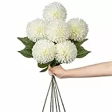 Hollyone 10cm Groß Kunstblume Chrysanthemen mit 63cm Langer Stiel, 6 PCS Weiß Künstliche Hortensie Blumen, Kunststoffblume Hortensie für Hochzeits, Heimdeko, Büro, Garten Party Deko, Blumenarrangement