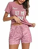 Uniexcosm Schlafanzug Damen Kurz Baumwolle Zweiteiliger Pyjama Set Kurzarm Nachtwäsche Wimperndruck Sleepwear Hausanzug Loungewear Stil 1:Rosa L