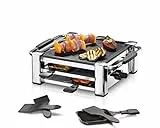ROMMELSBACHER RCC 1000 Raclette-Grill (Tischgrill, für 4 Personen, gerippte Alu-Druckguss-Grillplatte mit Xylan Plus Antihaftbeschichtung, Parkdeck, 4 Pfännchen, 4 Schaber, 1000 W) chrom