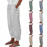 Timelye Sommerhose Damen Leicht,Sommer Leinenhose,7/8 Hose,Luftig Sommerhosen,High Waist Linen Pants,Elegant Stoffhose,Lockere Schaltflächen Hosen mit Tunnelzug und Taschen