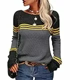 Hormtaer Damen Pullover Rundhals Colorblock Herbstpulli Stilvolle Slim Fit Gestreift Sweater Bequem Warm Strickpullover Langarm Tops Strickwaren (Dunkelgrau, M)