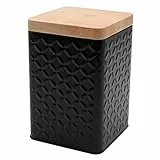 Dekohelden24 Vorratsdose/Keksdose aus Metall in schwarz, Deckel in Holzoptik, Größe L/B/H: ca. 16 x 10,5 x 16 cm