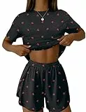 IECCP Schlafanzug Damen Kurz Pyjama Kurzarm Pyjamas Set Nachtwäsche Set Zweiteiliger Sommer Loungewear Sleepwear Hausanzug Schwarz Kirsche L