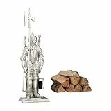 Relaxdays Kaminbesteck Ritter, Kamingarnitur Gusseisen, Kaminset 4 teilig, Schaufel, Besen, Schürhaken u. Halter, silber