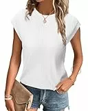 Tanmolo T-Shirt Damen Oberteile Sommer Tank Top mit Flügelärmeln Rundhals Strukturiertes Strickmaterial Unifarben Basic Bluse Elegant Casual Weiß, XL