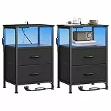 SONGMICS BELLAH Kollektion - Nachttisch mit Ladestation, Beistelltisch, App-gesteuerte, einstellbare LED-Beleuchtung, 1 offenes Fach, 2 Schubladen, modern, 2er Set, tintenschwarz LGS202B102