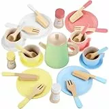 GAGAKU Kinder Geschirr-Set aus Holz, Spielküchen-Zubehör mit Teller und Besteck, mit Holzständer