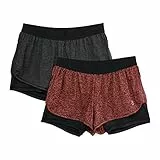 icyzone Damen Laufshorts 2 in 1 Sport Yoga Training Shorts Kurze Sporthose Laufhose, 2er Pack (Black/Red, L)