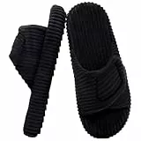 Misolin Hausschuhe Damen With Memory Foam Kordsamt Verstellbarer Klettverschluss Pantoffeln Bequeme Cord offene Zehen Slippers Indoor,Schwarz 255(EU37-38)