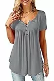 Bequemer Laden Damen Sommer Kurzarm Tshirt V-Ausschnitt Knopfleiste Bluse Lässig Locker Frühling Longshirt Elegant Einfarbig Blumen Tunika Oberteile Top Hemd, Grau, XL