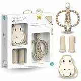 Matchstick Monkey Beißring Starter Set 3 teilig - Baby Zahnungshilfen - für wundes Zahnfleisch - Silikon - BPA-Frei - Beißring Tiermotiv, Beißring Gesicht, Fingerzahnbürsten - Gigi Giraffe