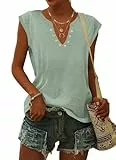 PLOKNRD T-Shirt Damen Sommer V-Ausschnitt Tops Kurzarm Blusen Locker Oberteile Freizeit und Elegant(Erbsengrün,2XL)
