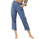 AACH Leinenhose Damen Sommer 3/4 Sommerhose Leicht Dreiviertel Hose Caprihose Luftige Freizeithose High Waist Stoffhose Casual Baumwolle Leinen Kurze Capri Hosen Warehouse Deals Angebote b Ware