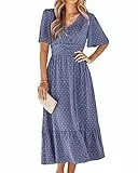 BebreezChic Sommerkleid Damen Lang Boho Elegant Kurzarm V-Ausschnitt Hohe Taille Swiss Dot Gerafft Blumen Strandkleid Maxikleid, Blau-Violett XL