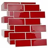 WALPLUS 3D Fliesenaufkleber Küche Selbstklebende Wandfliesen Einfache Installation 30.5x30.5cm Epoxid-Finish Fliesen Überkleben für Bad Küche Rot Renovierung alter Fliesen (6er-Pack)