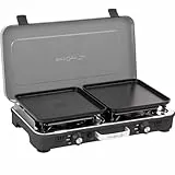 BRUNNER: 2-in-1 Tisch Camping-Kocher 2-flammig Edelstahl Gasgrill & Gaskocher - POWERKOOK 50mbar mit Grillplatten - mit Gasregler + Gaschlauch