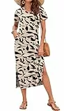 AUSELILY Damen Sommer Kurzarmkleid Leichten - Damen Maxi Schlitz Elegant Kleider Aprikose Schwarz Blätter L