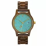 Opis UR-U1: Unisex (Damen/Herren) Retro Holz Armbanduhr aus Schwarzem Sandelholz mit einzigartigem, geprägten Ziffernblatt in Türkis mit goldenen Metallelementen (Türkis-Gold)