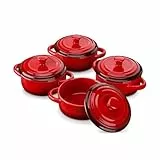 LOVECASA Auflaufförmchen aus Steinzeug, 4 teilige Souffle Förmchen mit Deckel, Mini Cocotte, Kleine Auflaufform, Steinzeug mit Griffen zum Backen, Souffle